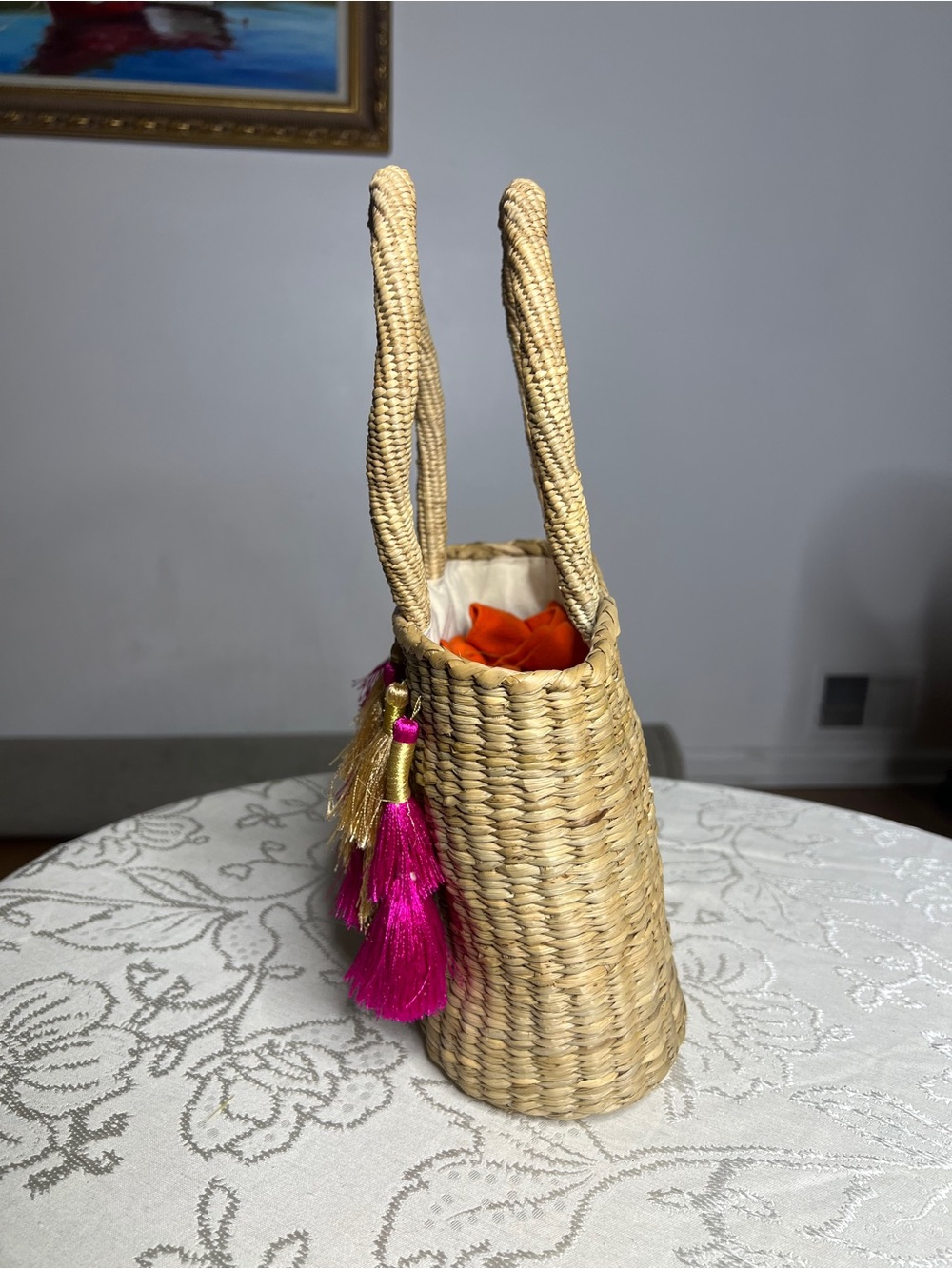 Vintage Straw Tote with Pink & Natural Tassels - Picture 4 of 9